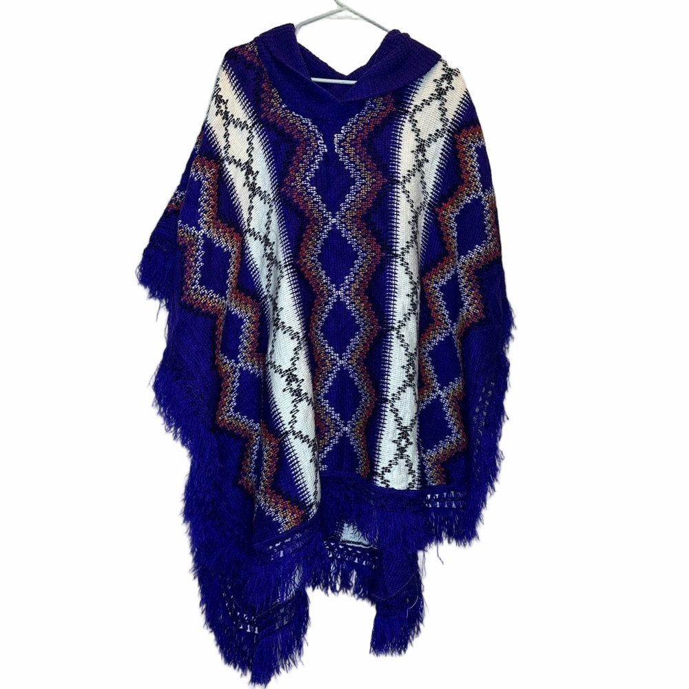 VTG Hot Royal Blue Shawl Pull Over Fringe Poncho